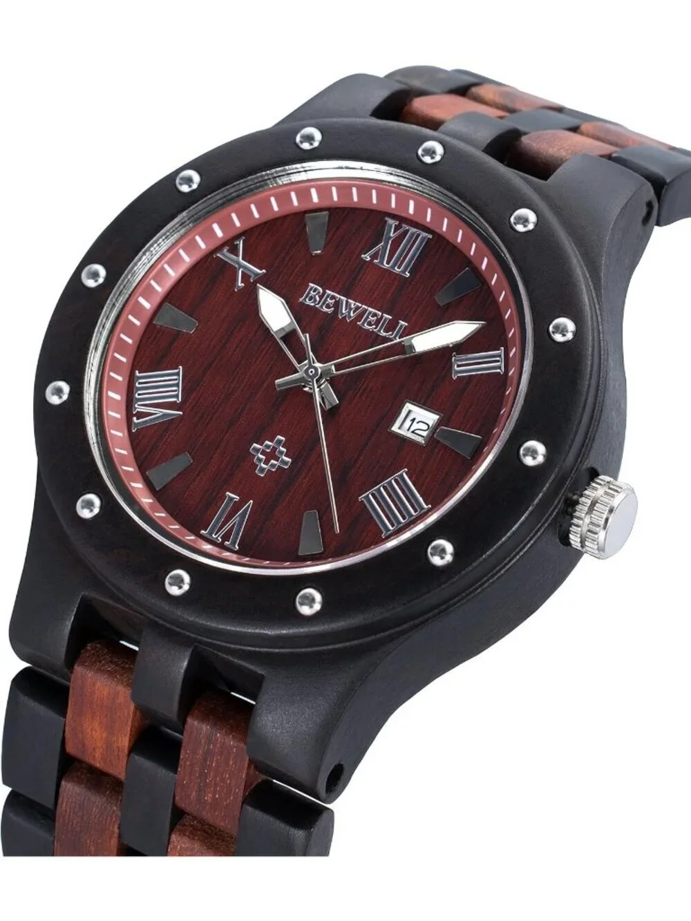 Men's Black Red Handmade Date Display Analog Quartz Luminous Wrist Wooden Watch